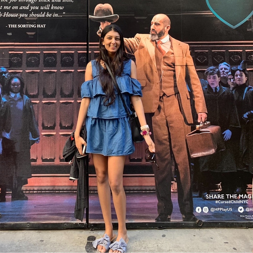 Pull and bear open shoulder denim ruffle dress